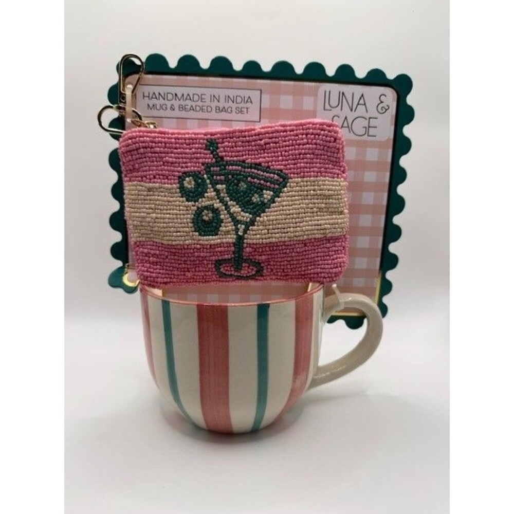 NEW Luna & Sage Mug & Beaded Pouch Gift Set Martini Cocktail Handmade India